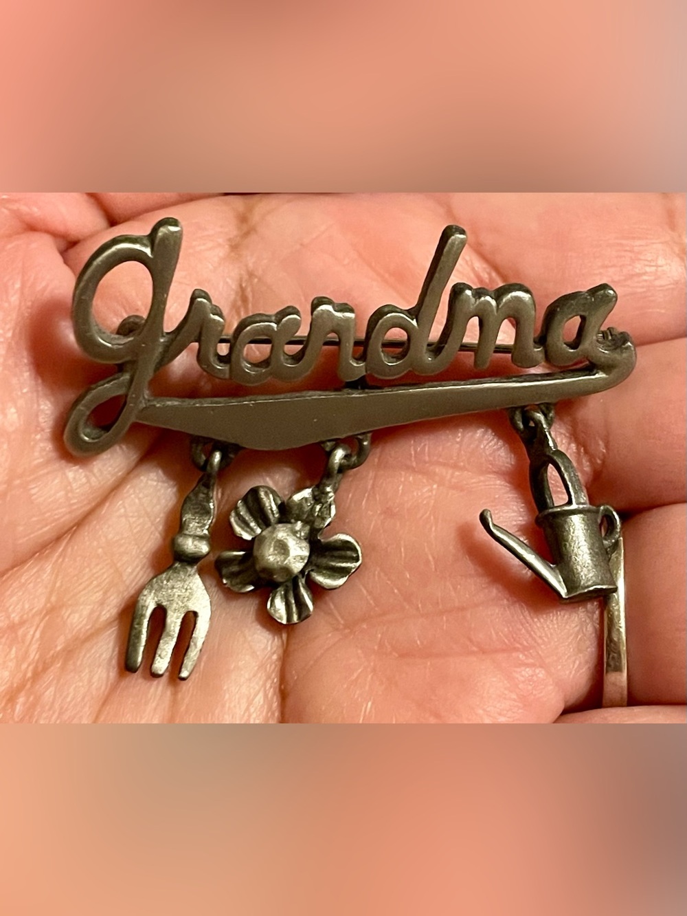 Vintage Grandma Script Dangle Brooch - Silver Tone Finish